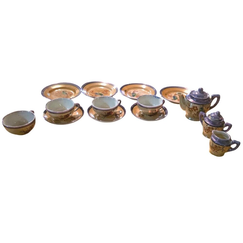 11pc Vintage Miniature Tea Set Japanese Hand-Painted Porcelain‎ Floral & Bird